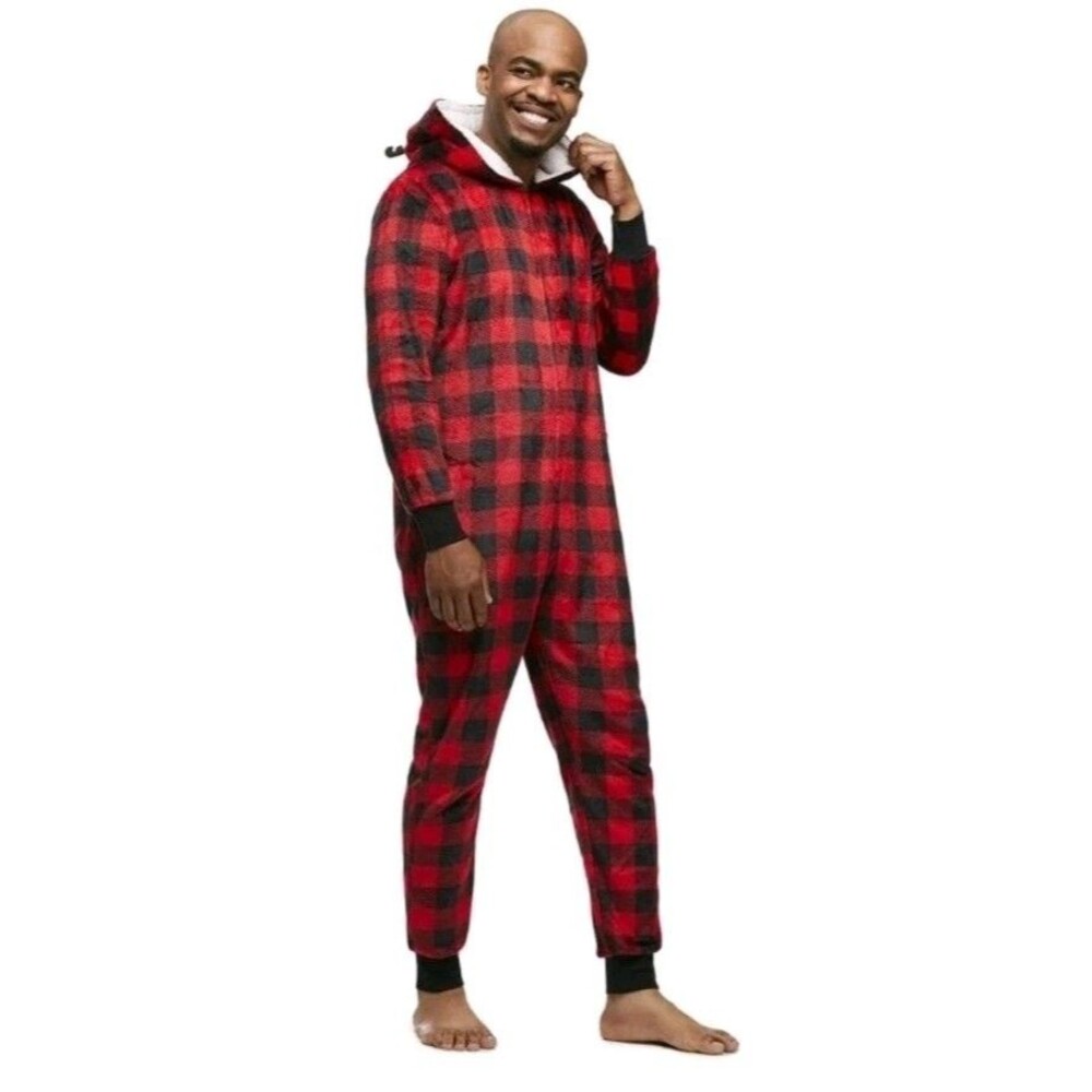 Jolly Tammies Mens Reno Plaid Christmas Romper Velvet Pajama Size XL Black/Red